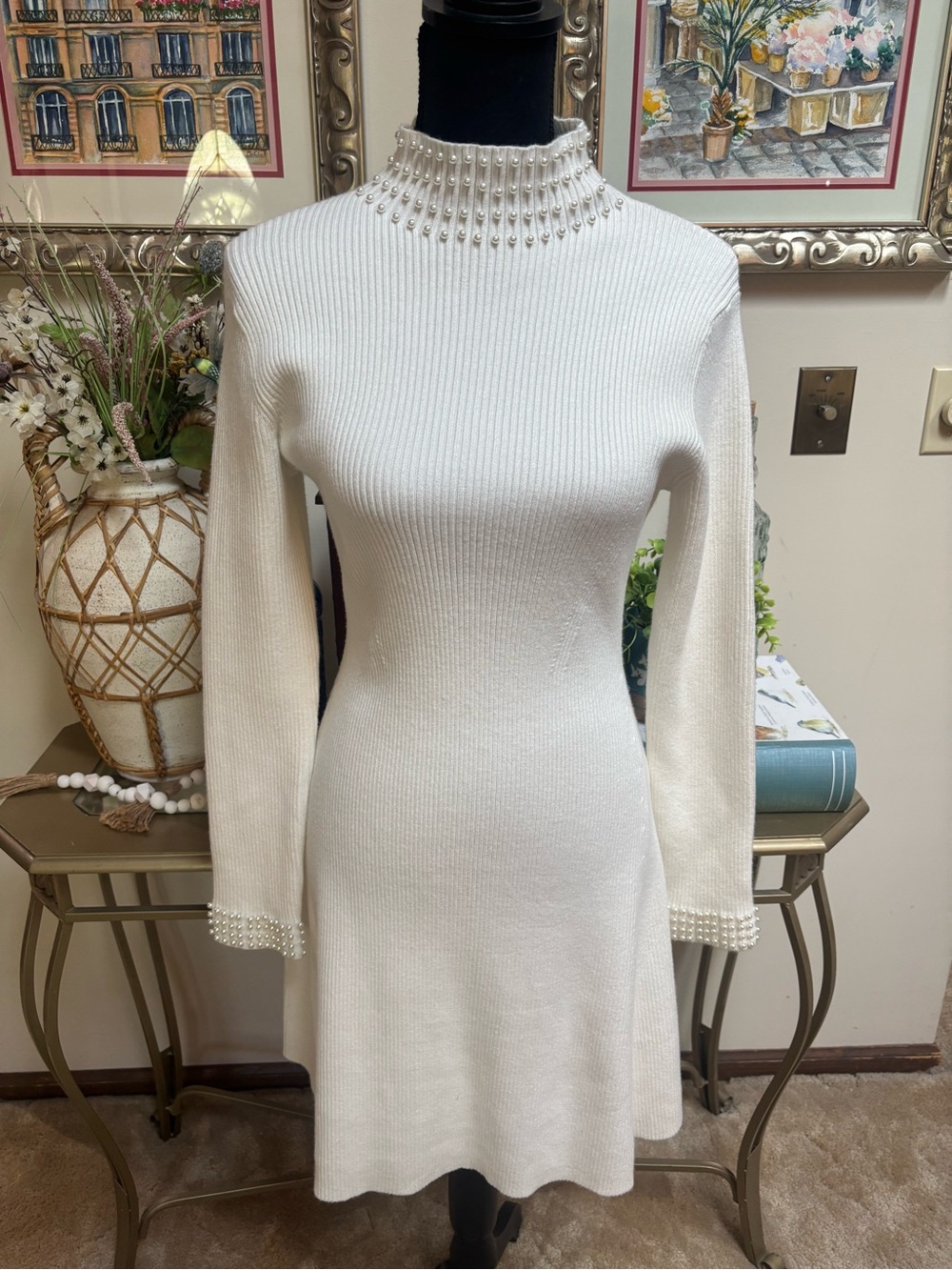 Fit & Flare White Ribbed Knit Sweater Dress With Pearl Embellishments Size 16